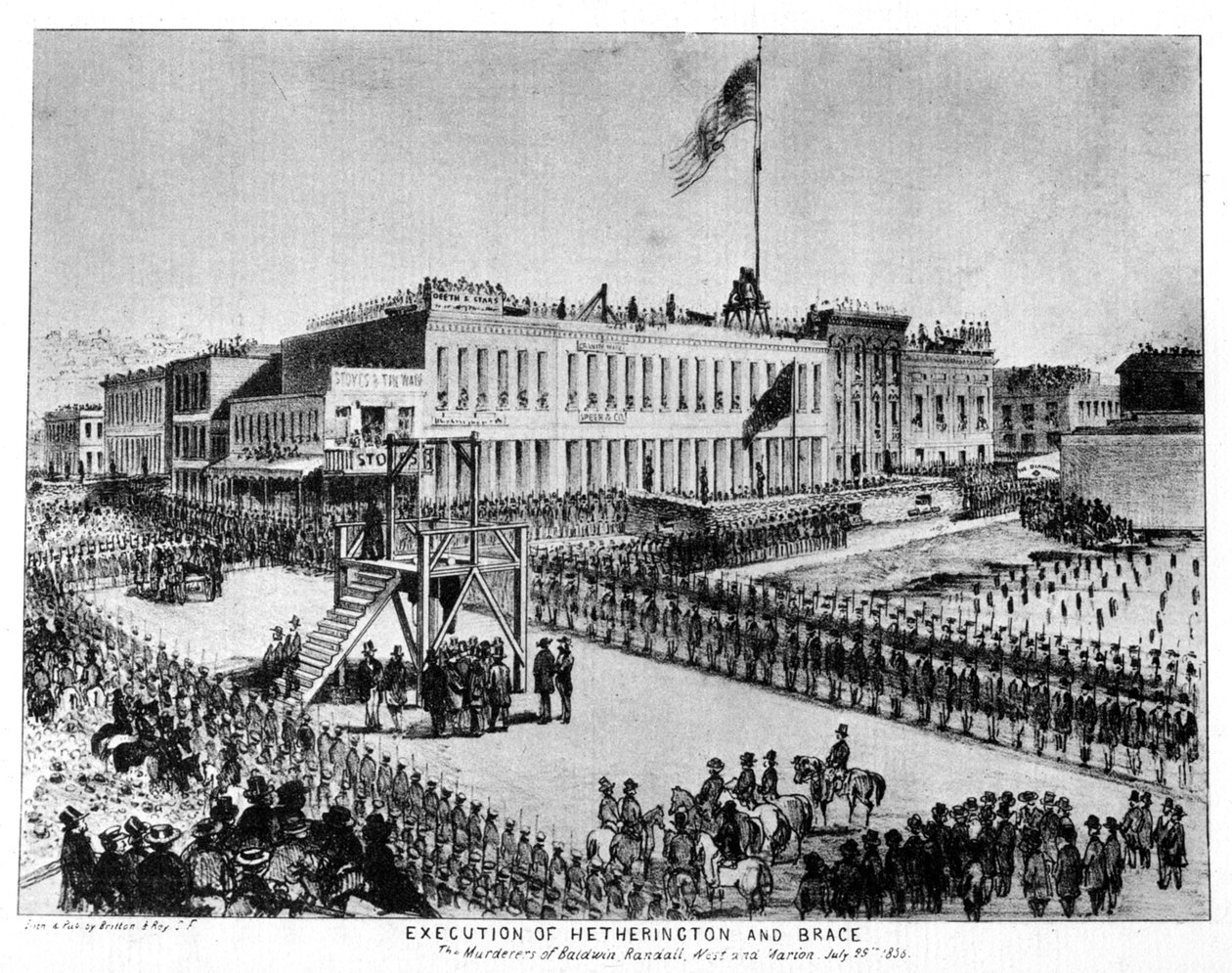 Hetheringtonin ja Bracen teloitus, Fort Vigilance, Sacramento, Kalifornia, 1856 1937. tekijältä Britton and Rey