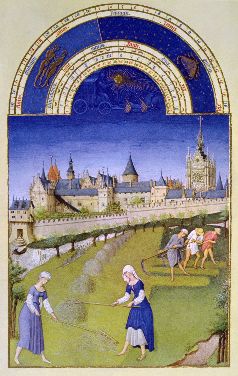Kesäkuun faksimile: Heinänteko, "Tres Riches Heures du Duc de Berry" (vellum) (alkuperäisestä katso 8438) tekijältä Brothers Limbourg