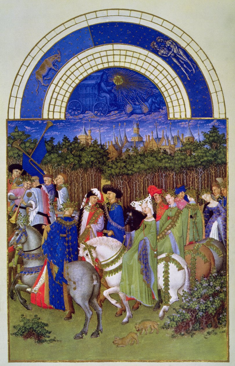 Toukokuun faksimile: Courtly figures on Horseback, teoksesta "Les Tres Riches Heures du Duc de Berry" (vellum) (alkuperäinen katso 8437) tekijältä Brothers Limbourg