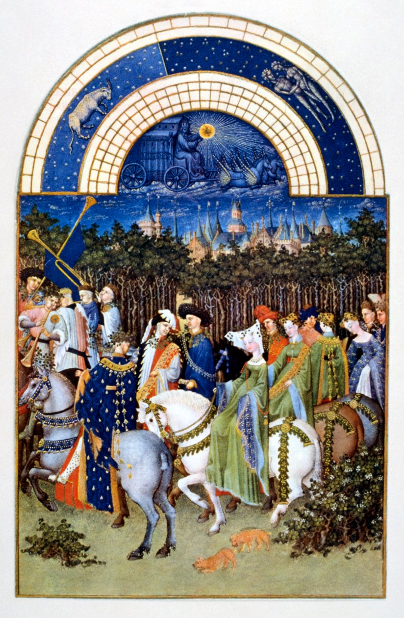 "May" teoksesta "Les Très Riches Heures du Duc de Berry" ("Berryn herttuan erittäin rikkaat tunnit"). tekijältä Brothers Limbourg