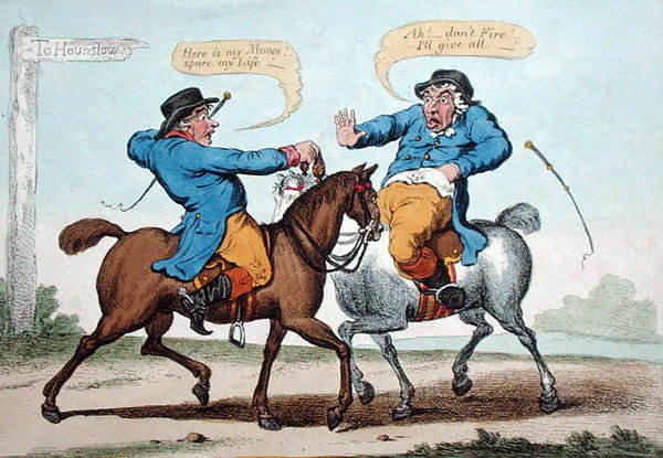 Hannah Humphreyn vuonna 1801 julkaisema "Every Rogue is a Coward" (käsinväritetty etsaus). tekijältä Brownlow (after) North
