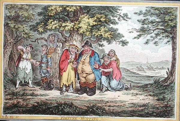Fortune Hunting, James Gillrayn (1757-1815) etsaus, jonka julkaisi Hannah Humphrey vuonna 1804 (käsinväritetty etsaus). tekijältä Brownlow (after) North