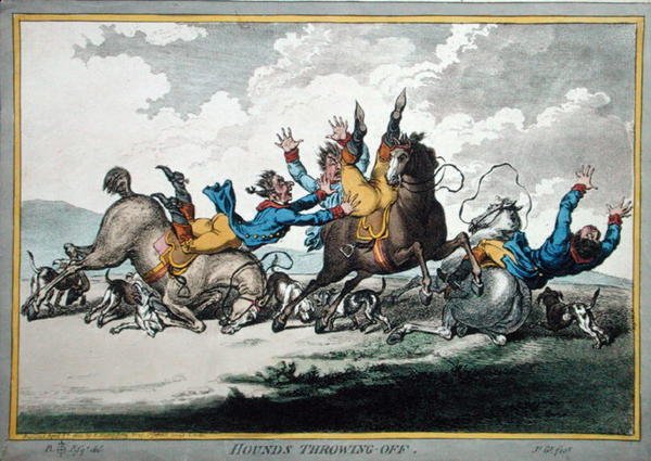 Hounds Throwing Off, etsannut James Gillray (1756-1815), julkaissut Hannah Humphrey vuonna 1800 (käsinvärinen etsaus) (katso myös 191238) tekijältä Brownlow (after) North