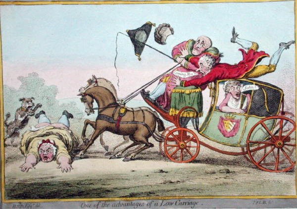Yksi matalan vaunun eduista, Hannah Humphreyn julkaisema 1801 (käsin väritetty etsaus). tekijältä Brownlow (after) North