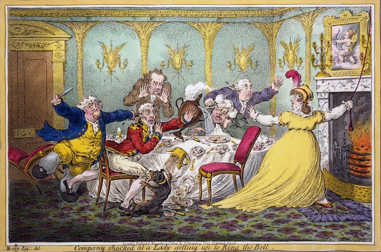 Yhtiö järkyttynyt siitä, että nainen nousi Ring the Bell -pubiin. H. Humphrey, Lontoo, 1804 (käsinvärinen kaiverrus) tekijältä Brownlow North