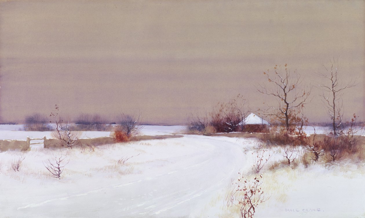 Snow Scene in Country, n. 1890 (wc ja guassi paperilla) tekijältä Bruce Crane