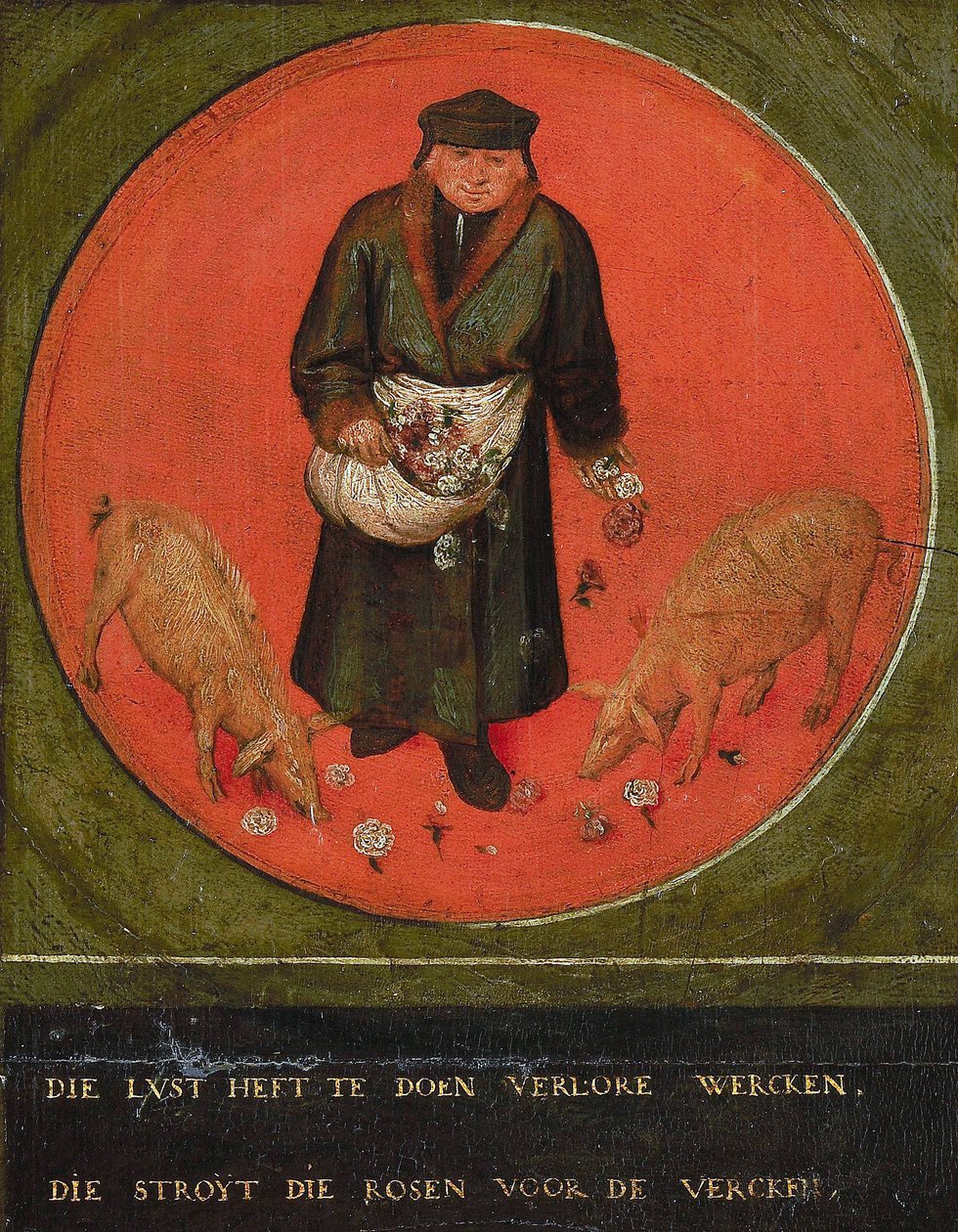 Se, joka hukkaa vaivan, heittää ruusuja sikojen eteen, 1558. tekijältä Bruegel