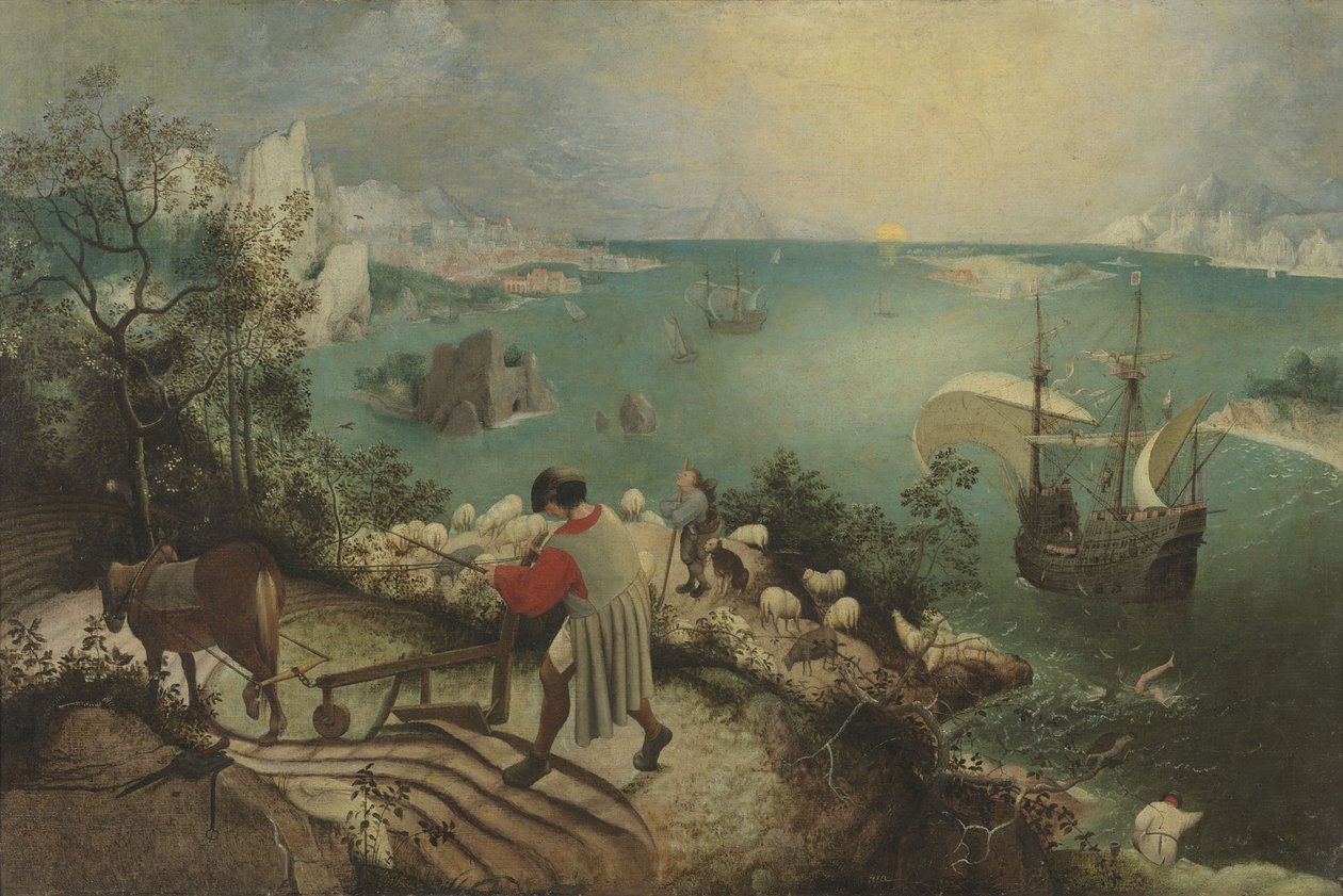 Maisema Ikaruksen putouksen kanssa, n. 1560 tekijältä Bruegel