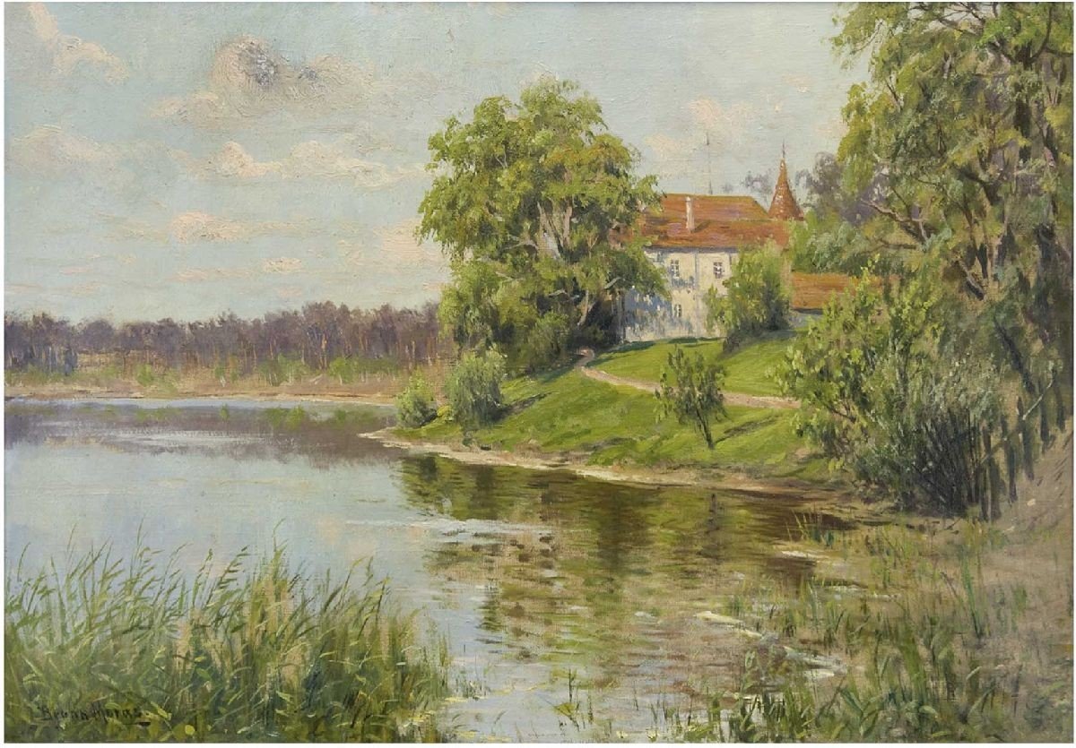 Seeblick mit Pfarrhausn Deutsch: Uferlandschaft mit kleiner Pfarrkirchen Saksa: Haus am Wannseen tekijältä Bruno Moras