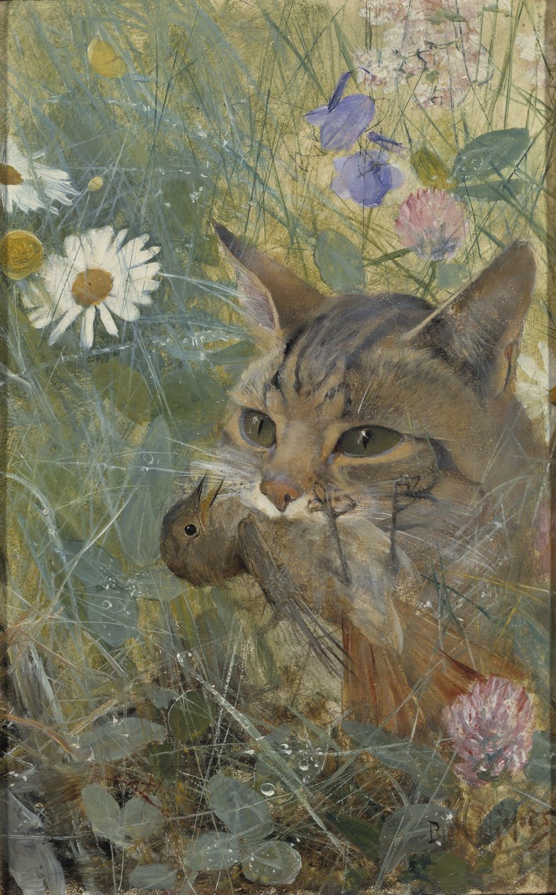 Kissa ja nuori lintu suussaan, 1885 tekijältä Bruno Andreas Liljefors