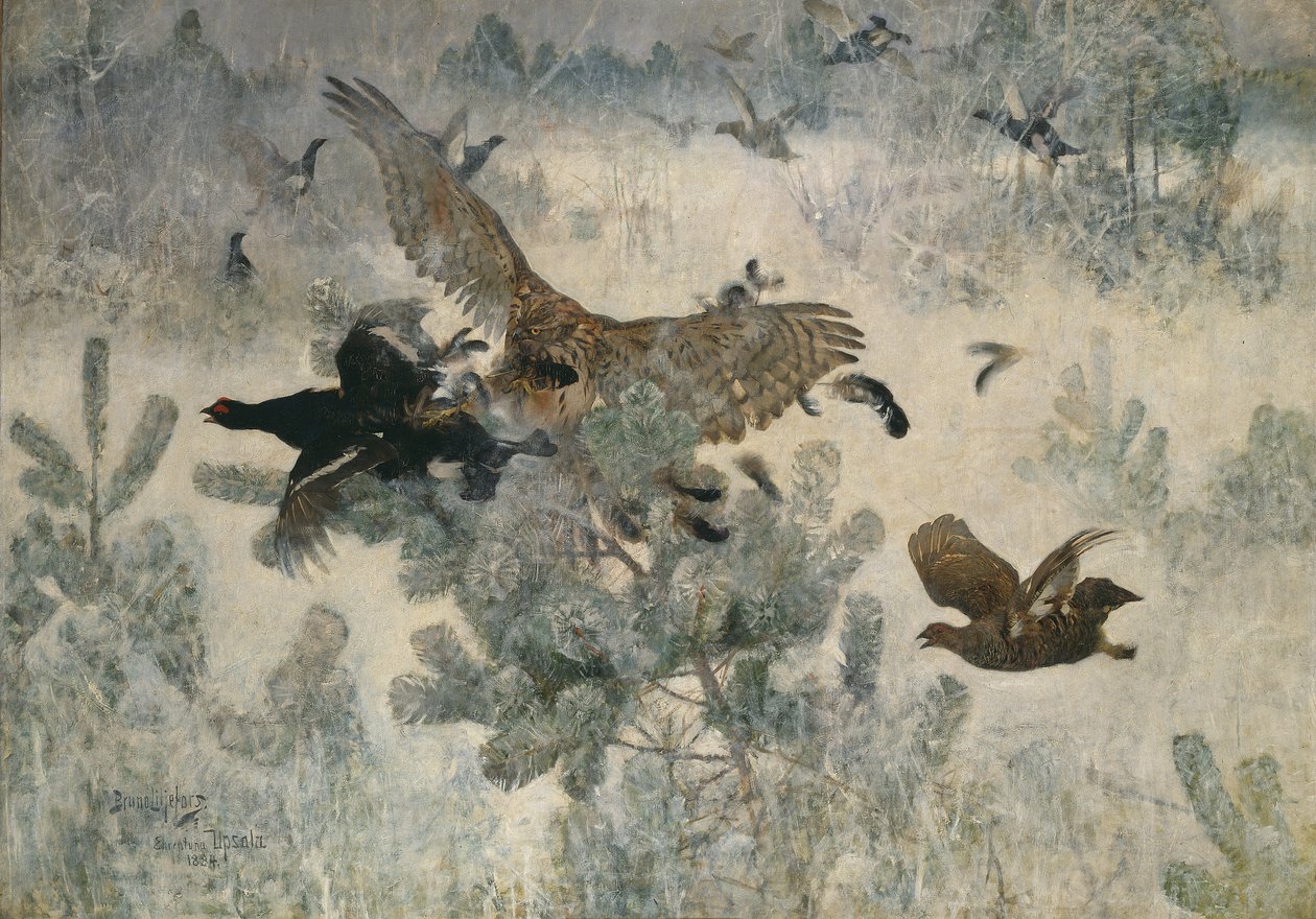 Hawk and Black Game, 1884 tekijältä Bruno Andreas Liljefors