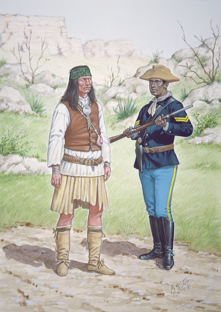 Chiricahua-apassisoturi ja Yhdysvaltain ratsuväen 10. rykmentin alikersantti vuonna 1886, kuuden taulun sarjasta. tekijältä Bryan Fosten