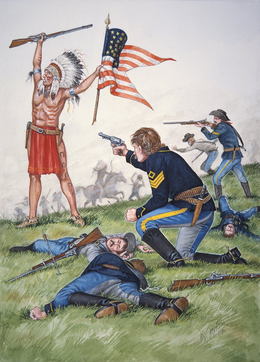 Sioux-soturi vastaan Yhdysvaltain ratsuväen 7. rykmentti Little Bighornin taistelussa 25. kesäkuuta 1876, kuuden taulun sarjasta. tekijältä Bryan Fosten