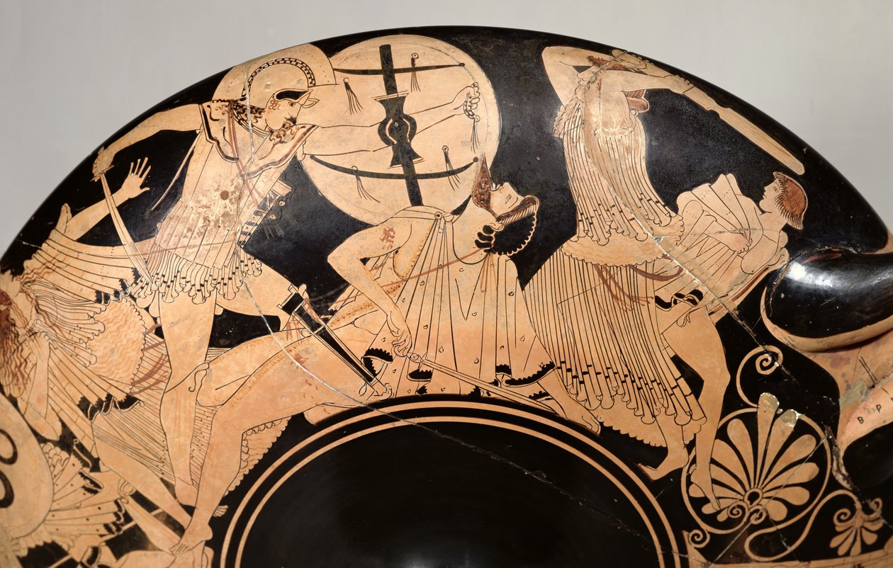 Ullakon punahahmoinen kuppi, joka kuvaa kohtauksia Troijan sodasta, noin 490 eKr. (keramiikka) (yksityiskohta) tekijältä Brygos Painter