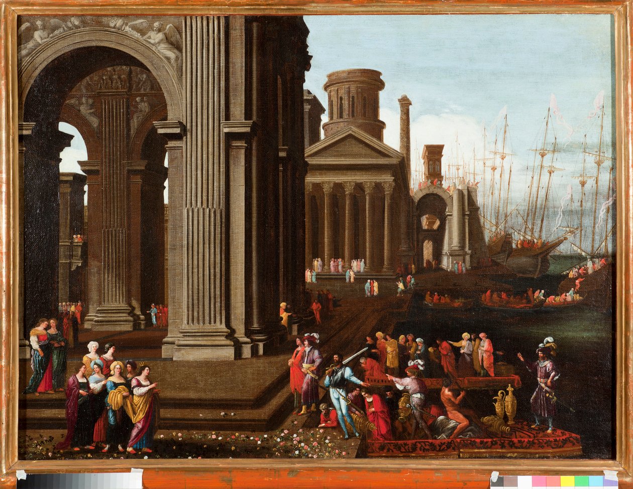 Pyhän Ursulan, bretonilaisen kristityn prinsessan pyhiinvaellusmatka pyhiinvaellukselle Rooman pyhiälle, Agostino Buonamici dit Tassin maalaus (1566-1644) Genes Musei di Strada Nuova (ex Palazzo Rosso) tekijältä Buonamico Agostino Tassi
