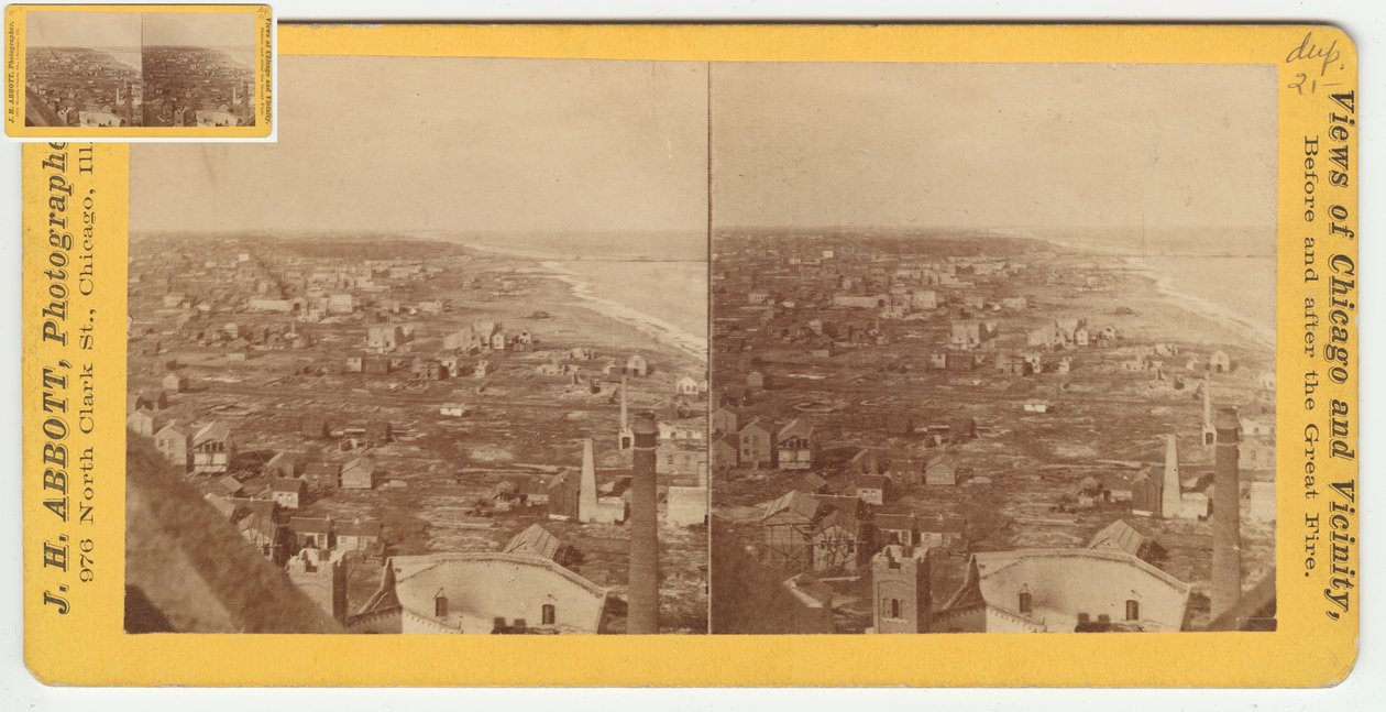 Stereografia näkymästä pohjoiseen vesitornista Chicagon palon jälkeen 1871, 1871 (bw-kuva korttitelineessä) tekijältä Burke and Koretke Burke and Koretke