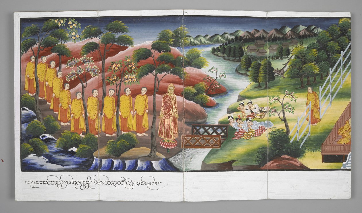 Tai. 13534, f.23 Munkit ylittämässä jokea, kohtauksia Buddhan elämästä (pergamentti) tekijältä Burmese School