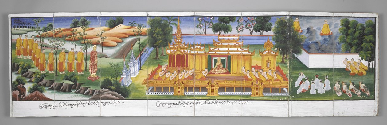 Tai. 13534, f.30 Palatsikohtaus, kohtauksia Buddhan elämästä (pergamentti) tekijältä Burmese School