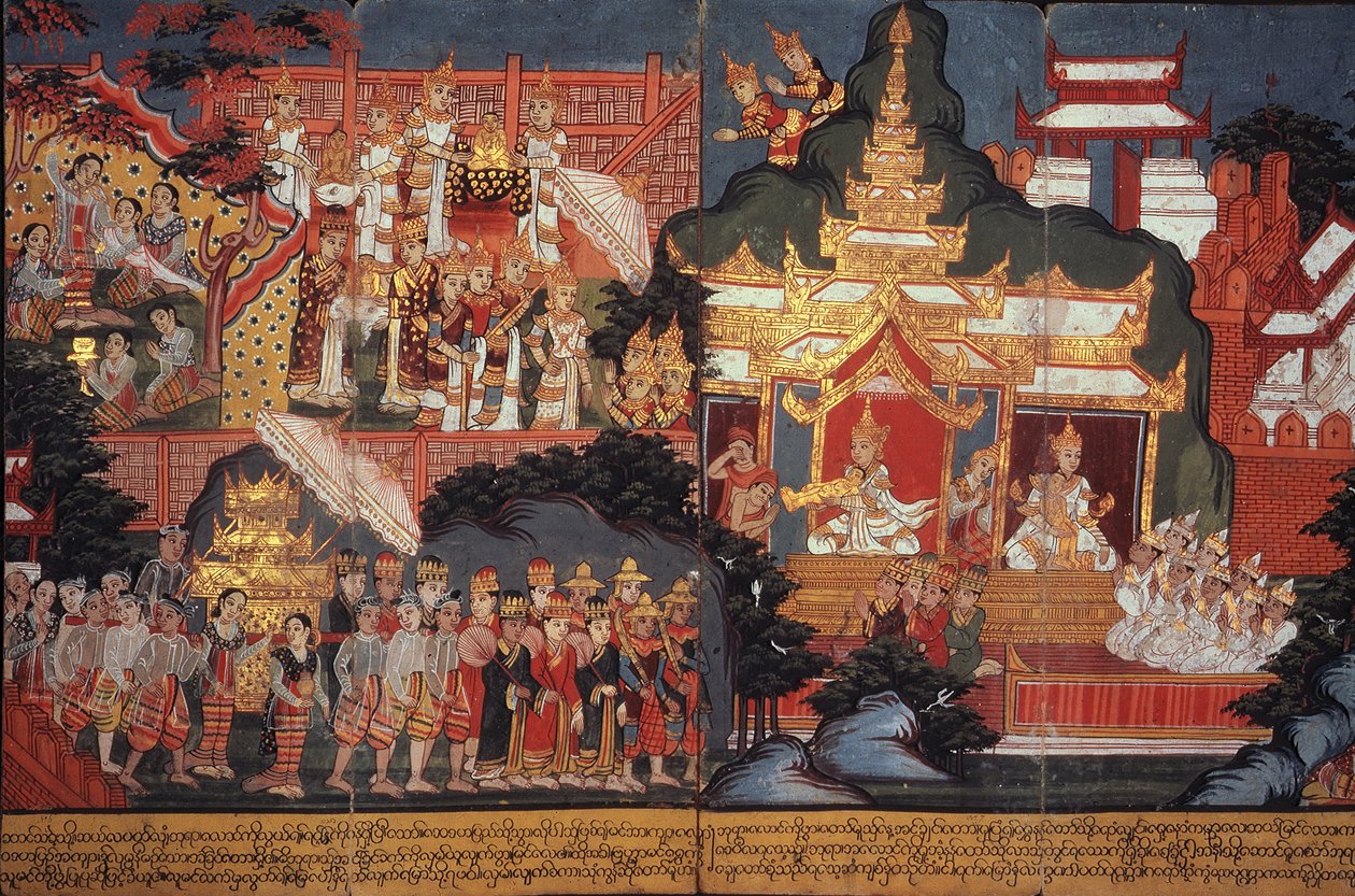 Tai 14297 fol.6-7 Tulevaisuuden Buddhan syntymä, n. 1800-20 (guassi paperilla) tekijältä Burmese School