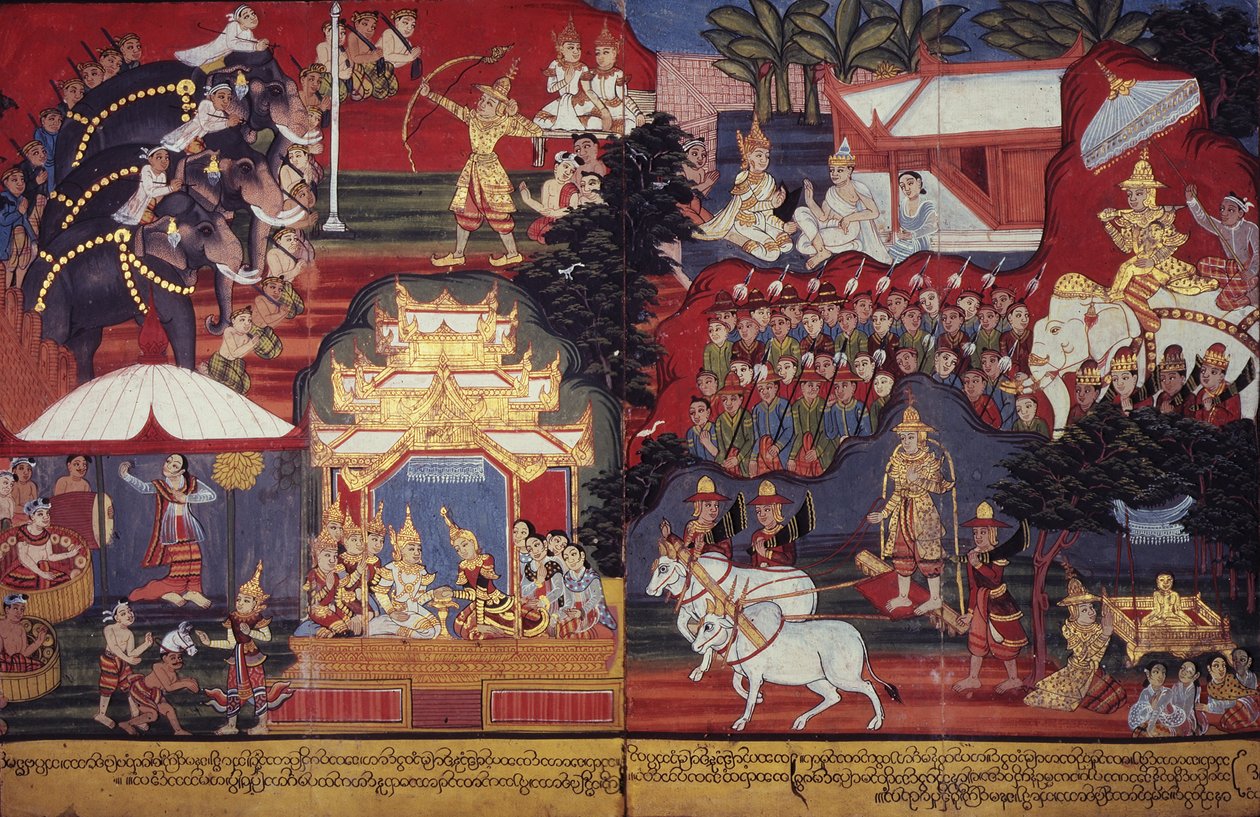 Tai 14297 fol.8-9 The Future Buddha Grows Up, n. 1800-20 (guassi paperilla) tekijältä Burmese School