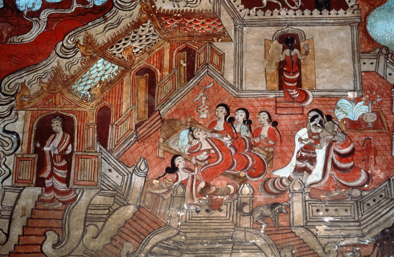 Kohtauksia bodhisattvan elämästä, 1776 (seinämaalaus) tekijältä Burmese School
