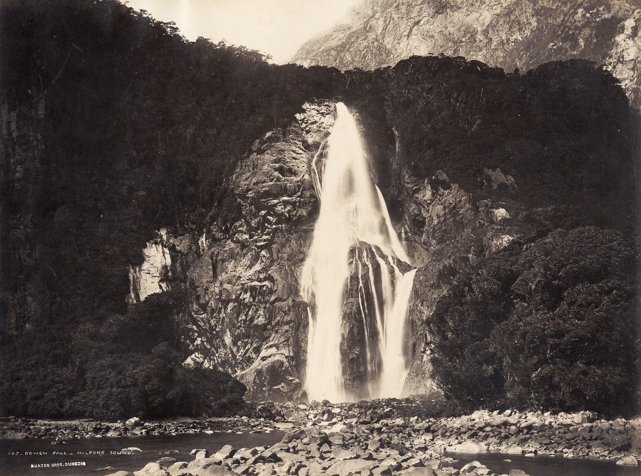 Bowen Fall, Milford Sound, 1889 (albumiprintti) tekijältä Burton Brothers Studio
