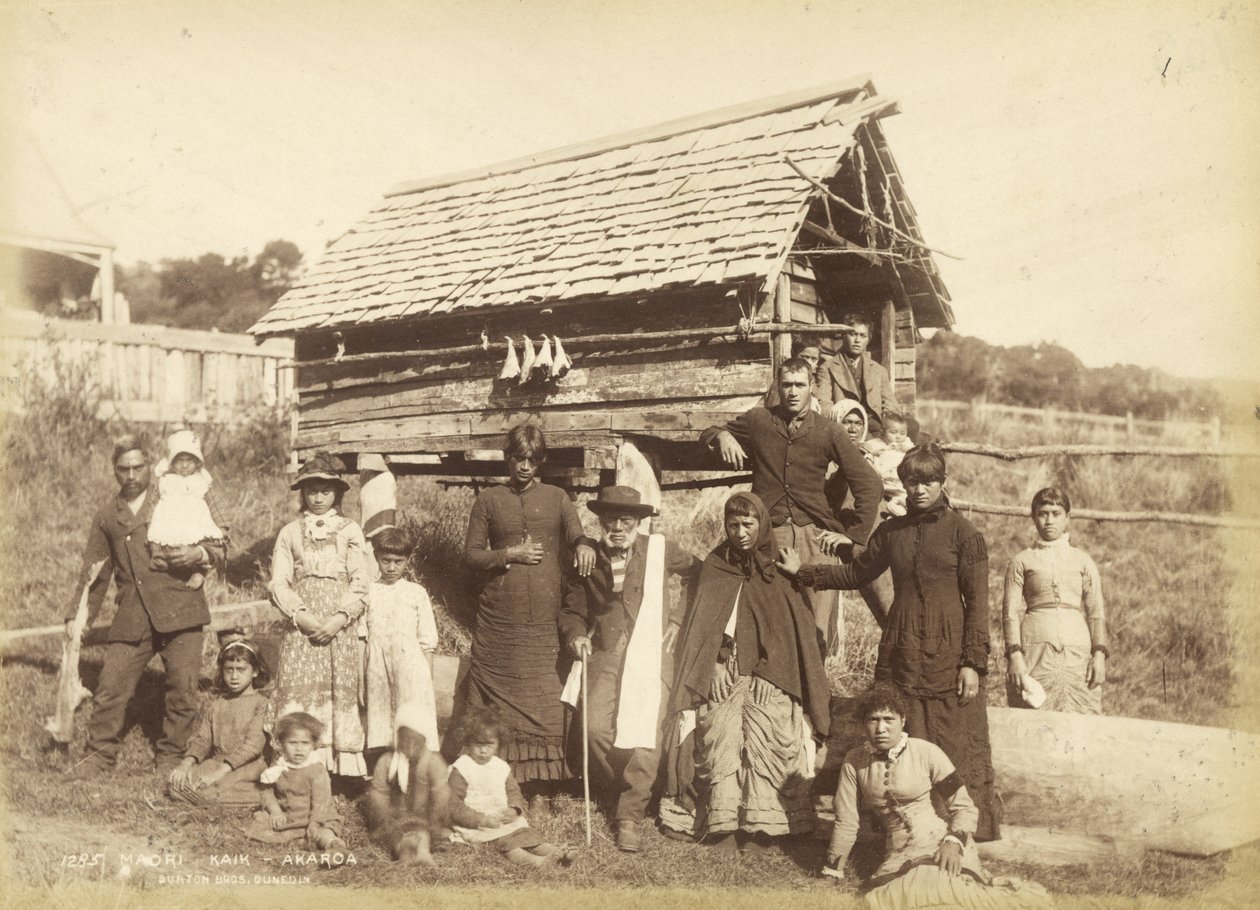 Maori Kaik - Akoroa, n. 1884 (albumiprintti) tekijältä Burton Brothers Studio