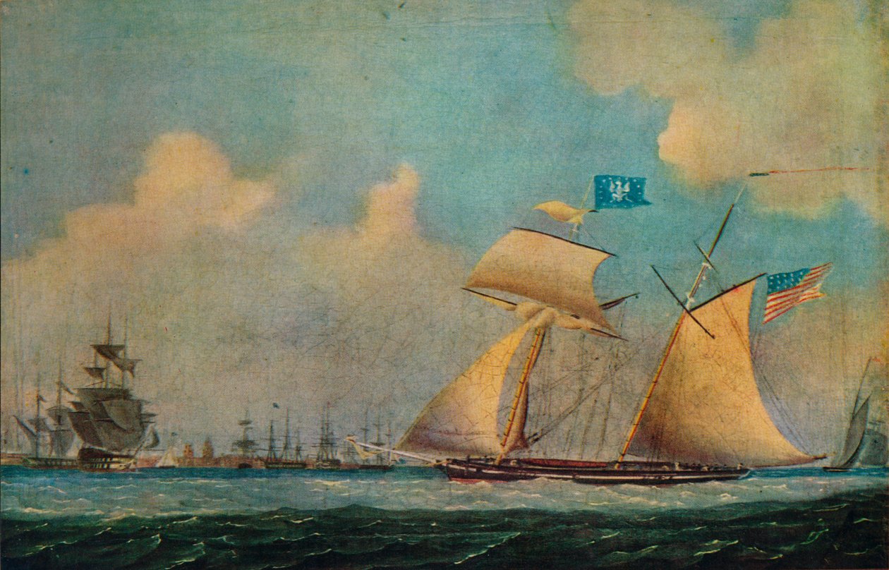 "Yhdysvaltalainen yksityinen kuunari ja muut alukset sataman lähellä", n. 1815. tekijältä Burton