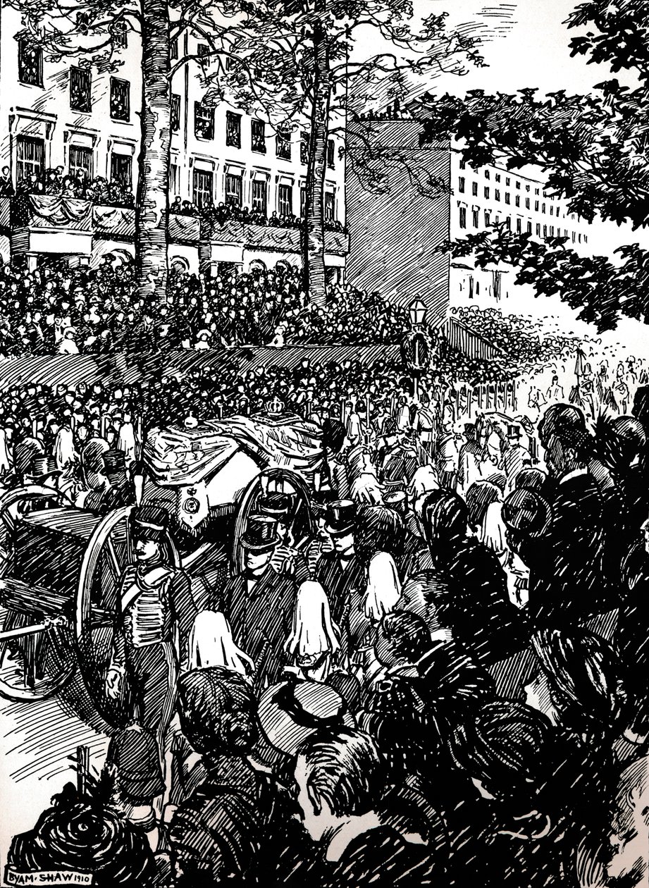 Kuningas Edward VII:n viimeinen matka Lontoon halki: hautajaiskorteesi Piccadillyssa, 1910 1911 tekijältä Byam Shaw