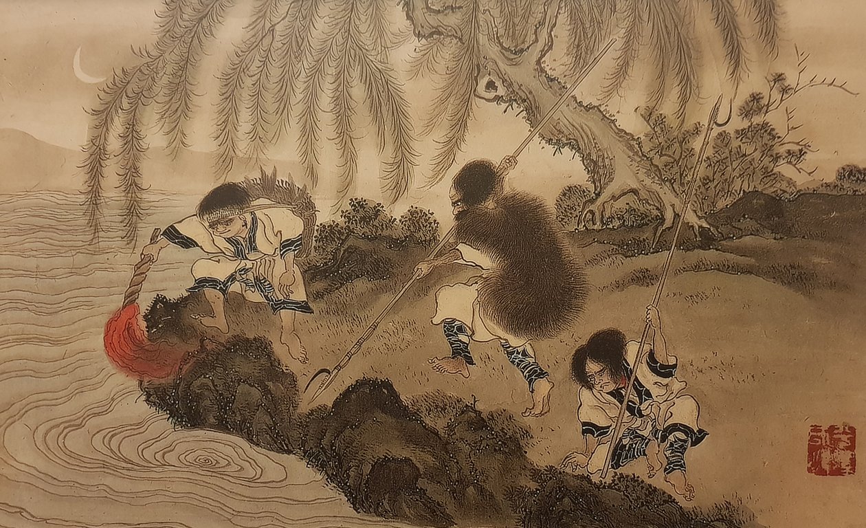 Kalastus sytytetyllä taskulampulla. Sarjasta Ainu, 1800-luvun toinen puolisko... tekijältä Byozan Hirasawa