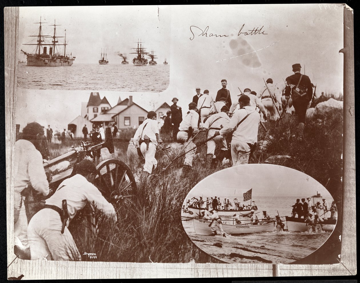 Kopiovalokuva aikaisemmasta valokuvamontaasi kolmesta kuvasta Fishers Islandin laivastoreserveistä, 1891 (valokuvatuloste) tekijältä Byron Company