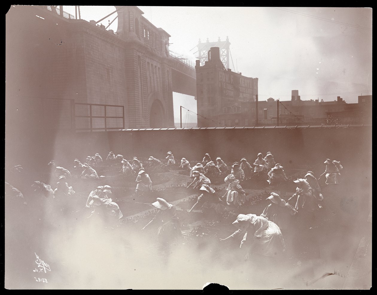 Tytöt työskentelevät kattoterassilla, Manhattan Bridge, joka näkyy takana, New York, 1910 (hopeagelatiiniprintti) tekijältä Byron Company