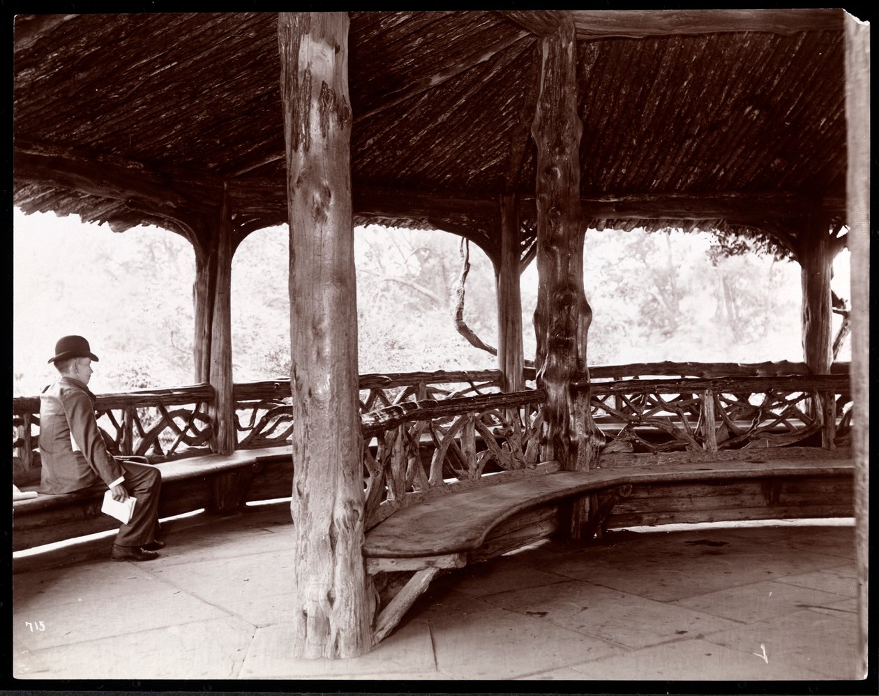 Näkymä miehestä, joka istuu maalaismaiseman paviljongissa Central Parkissa, New York, 1895 (hopeagelatiinivedos). tekijältä Byron Company