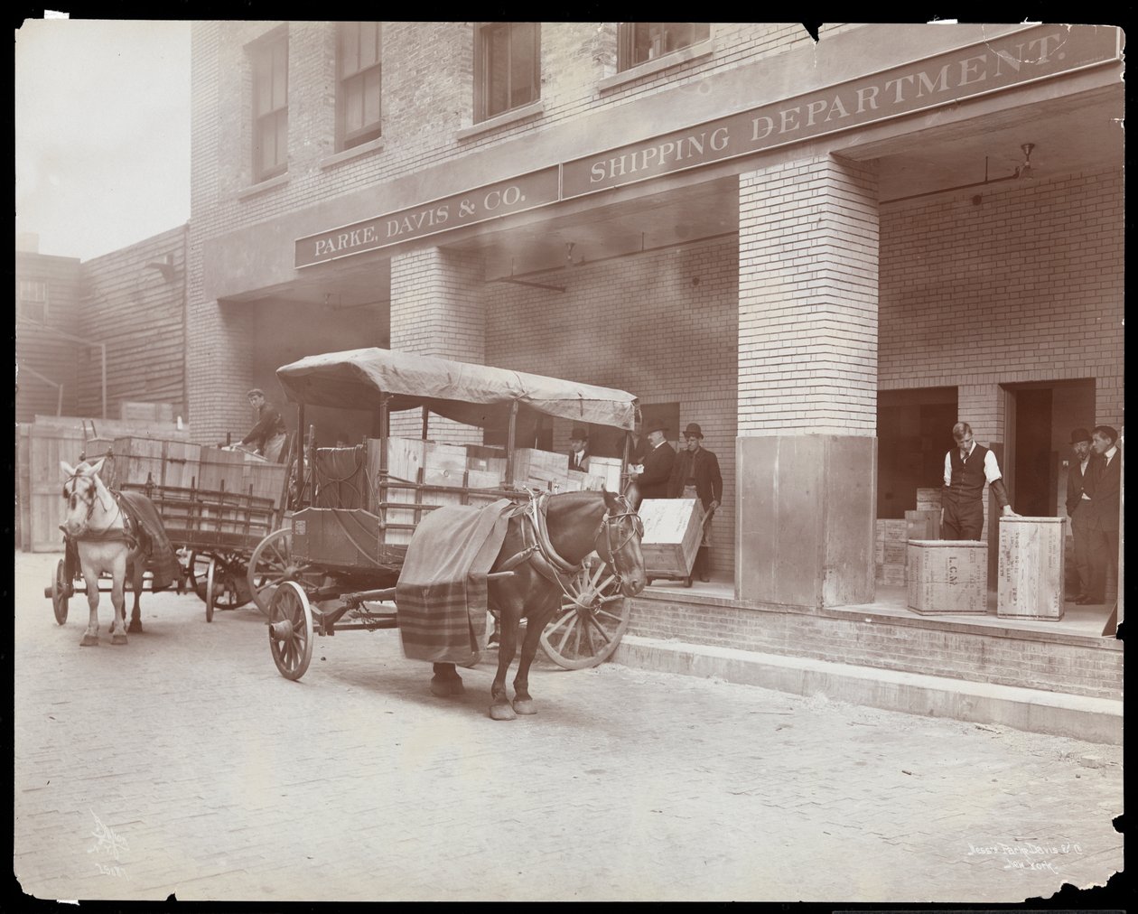 Näkymä laivausosaston lastauslaiturista Parkessa, Davis und Co., chemists, Hudson und Vestry Streets, New York, 1910 (hopeagelatiiniprintti) tekijältä Byron Company