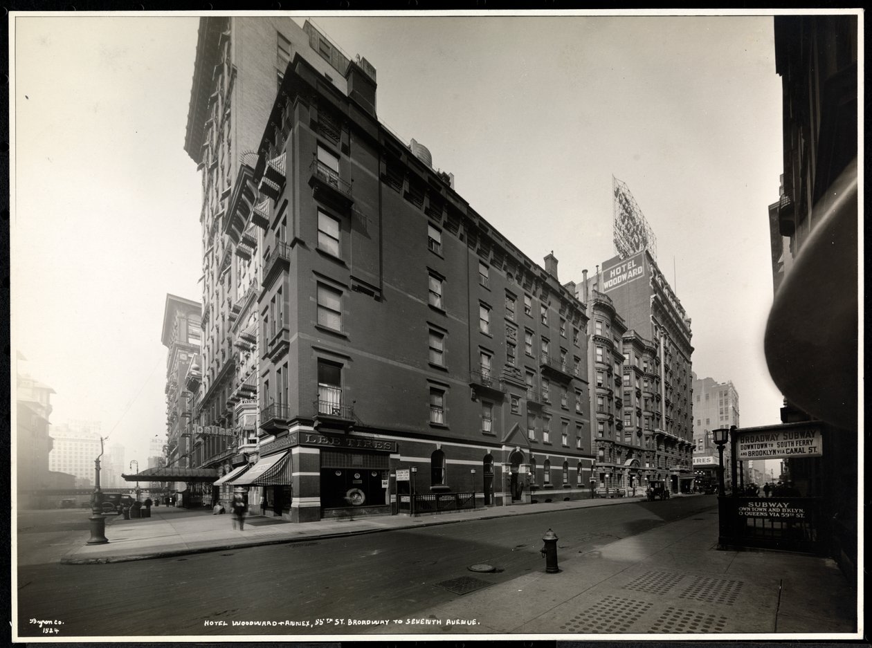 Hotel Woodward, Broadway ja 55th Street, New York, 1920 (hopeagelatiiniprintti) tekijältä Byron Company