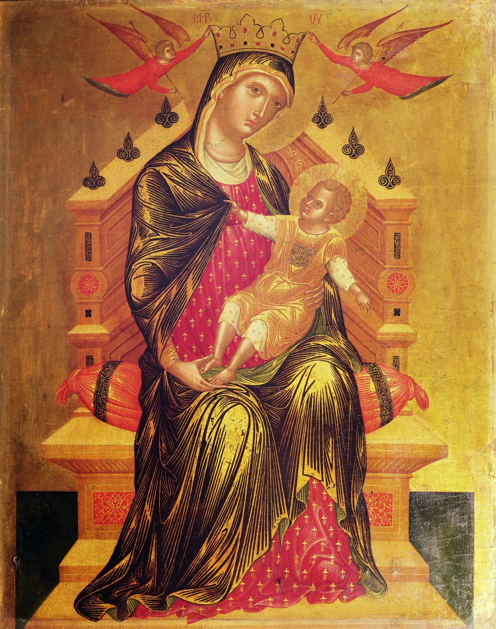 Madonna ja lapsi valtaistuimella kahden enkelin kanssa (tempera paneelissa) tekijältä Byzantine
