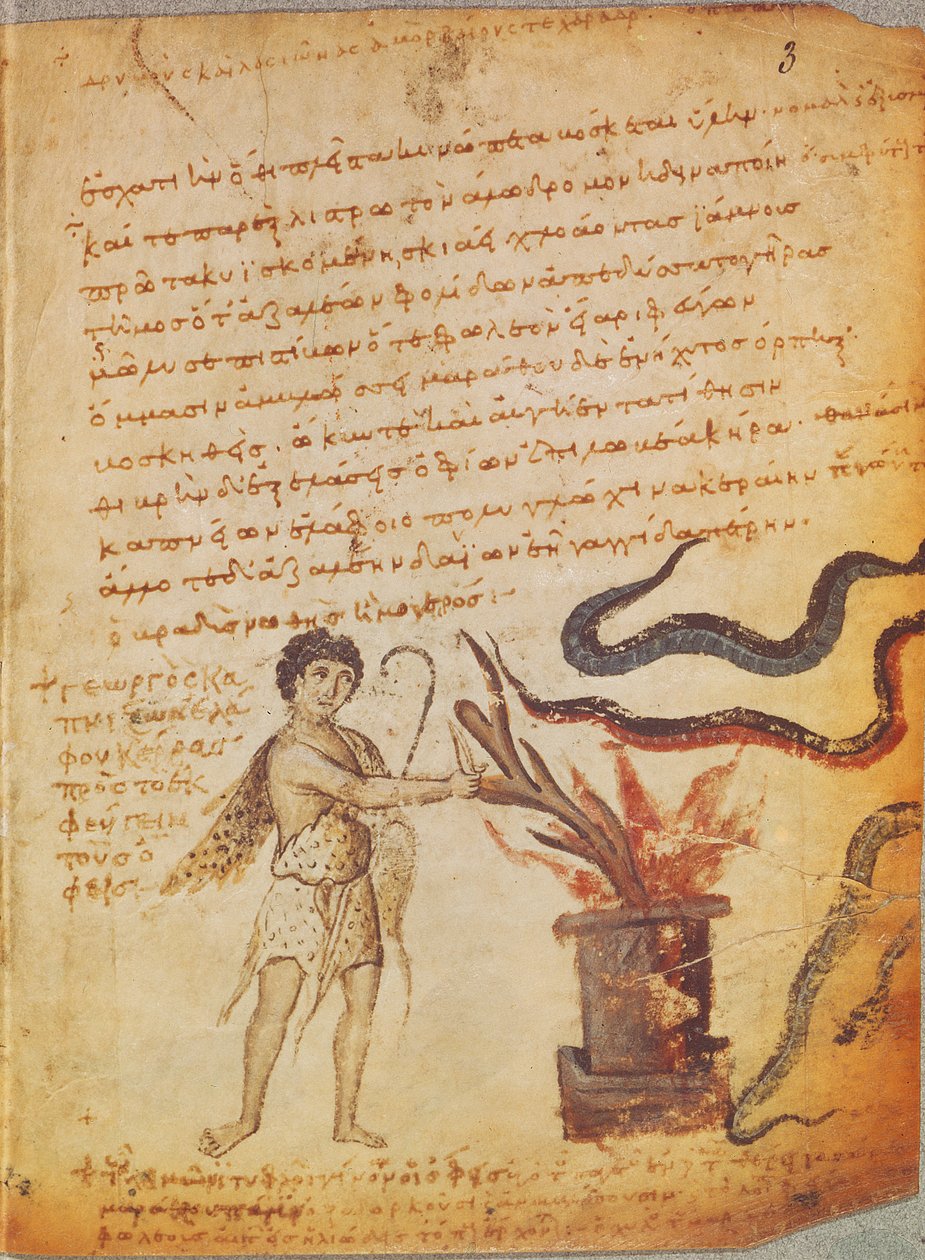 Ms Supp Grec 247 fol.3 Paimen, joka poltti sarvia karkottaakseen käärmeitä, Theriaca of Nicander of Colophonia (fl.2. vuosisadalla eKr.) tekijältä Byzantine