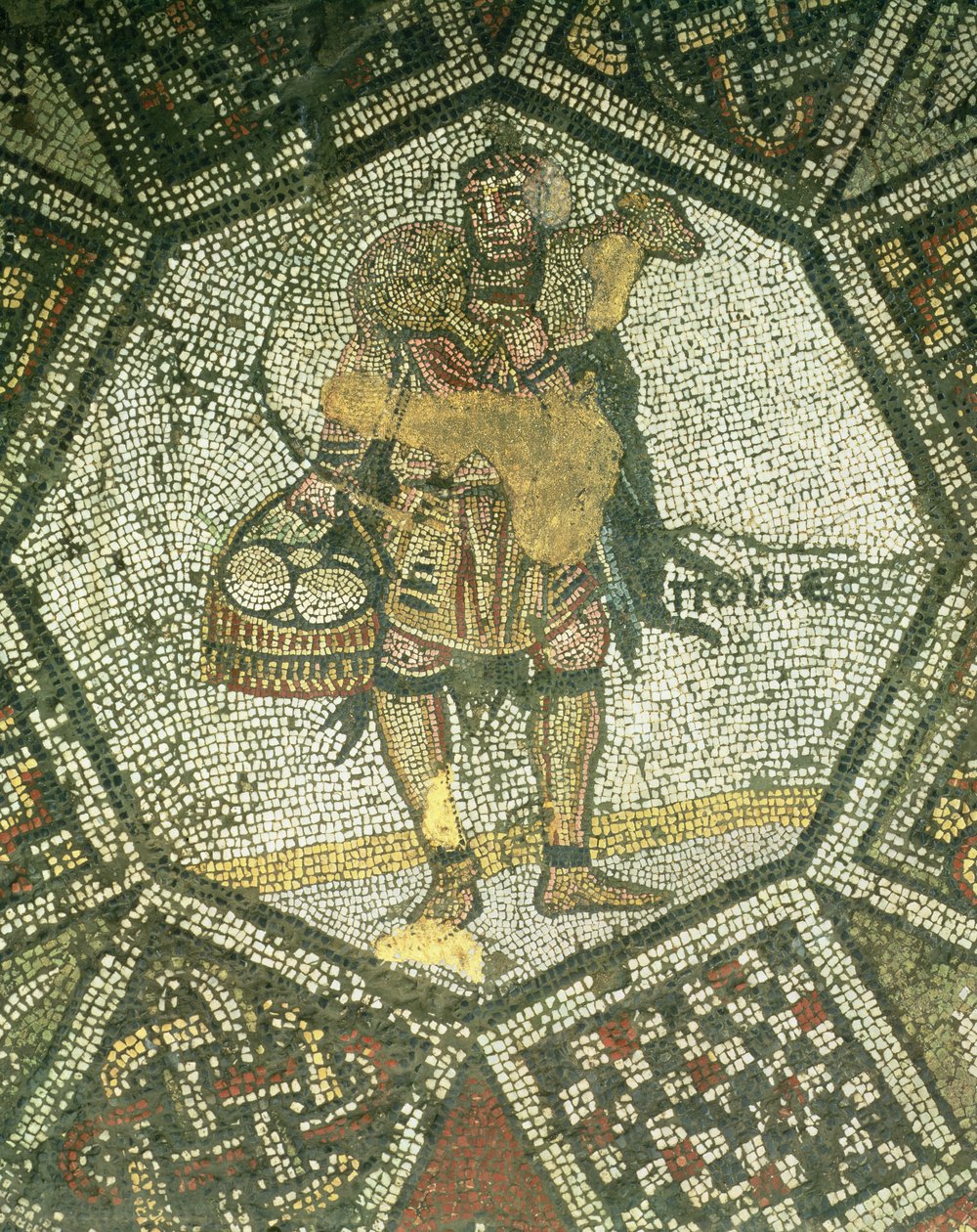 Uuhta ja juustokoria kantava talonpoika Konstantinopolin keisarillisesta palatsista 5.-6. vuosisadalta (mosaiikki) tekijältä Byzantine