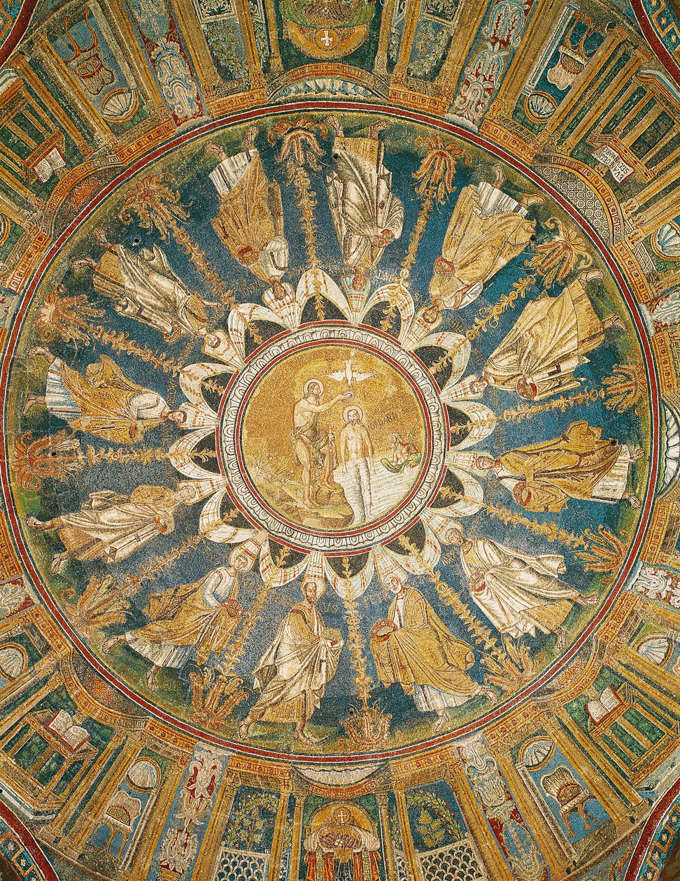 Kristuksen kaste apostolien ympäröimänä, keskuskupolin holvista (mosaiikki) tekijältä Byzantine