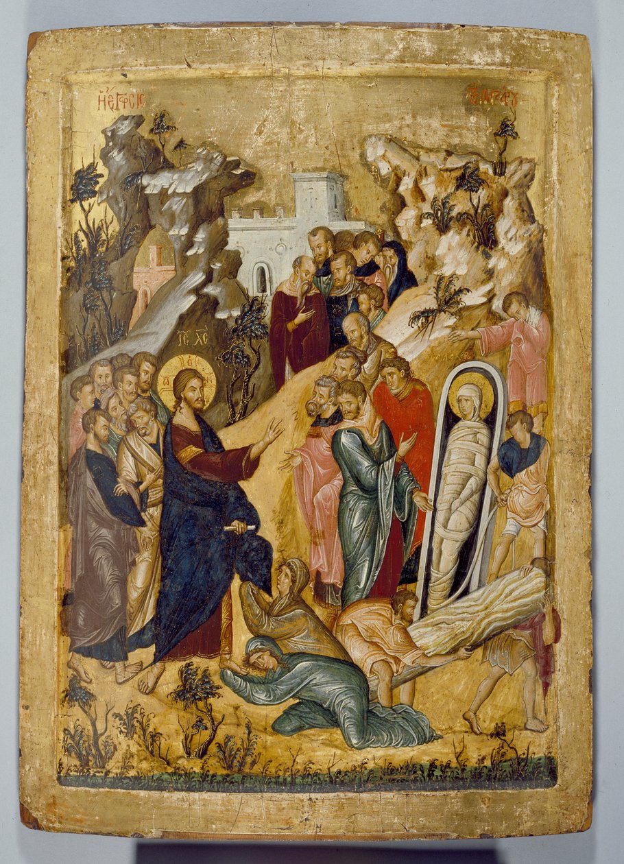 Lasaruksen herättäminen, 1300-luku (tempera ja kultalehti paneelissa) tekijältä Byzantine