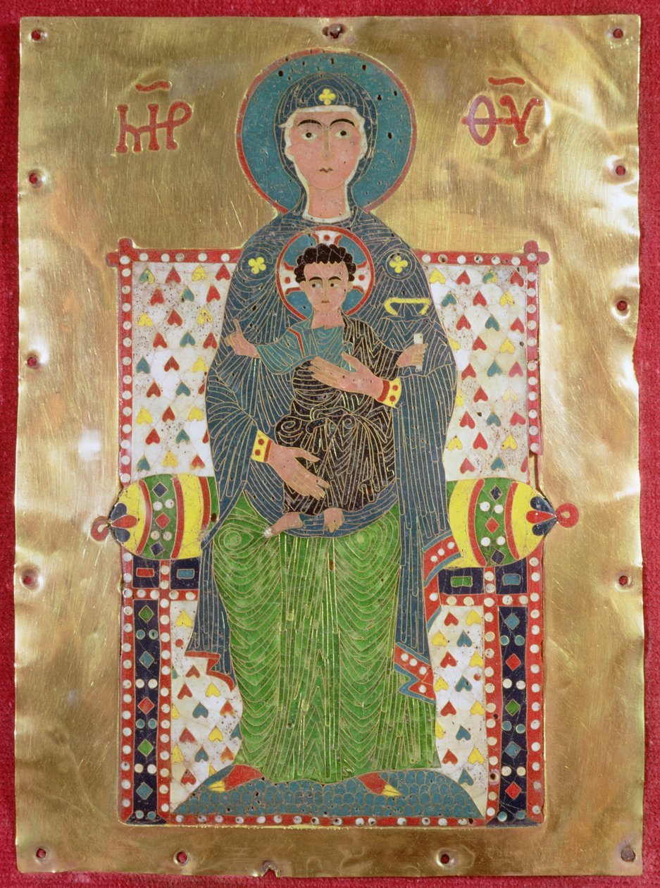Neitsyt ja lapsi Enthroned (kulta ja cloisonne emali) tekijältä Byzantine