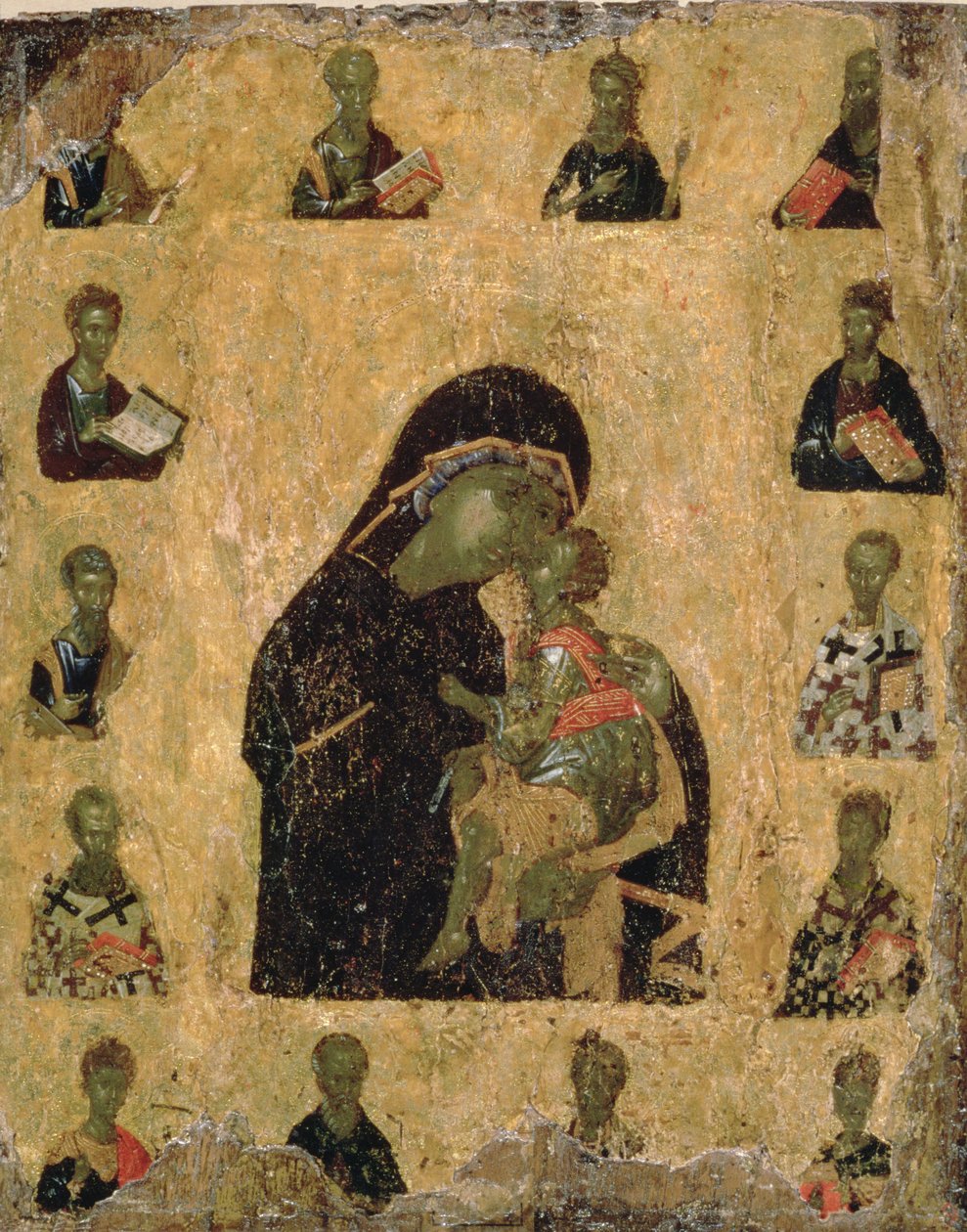 Neitsyt hellyyden pyhien kanssa, 1350-1400 (munan tempera ja gesso paneelissa) tekijältä Byzantine
