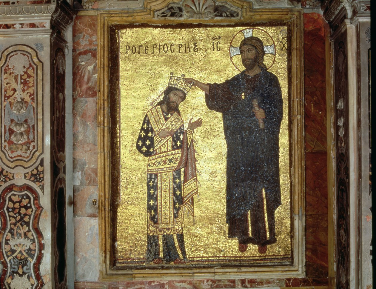 Kristus kruunaa Sisilian kuninkaan Roger II:n (1093-1154) (mosaiikki) tekijältä Byzantine School