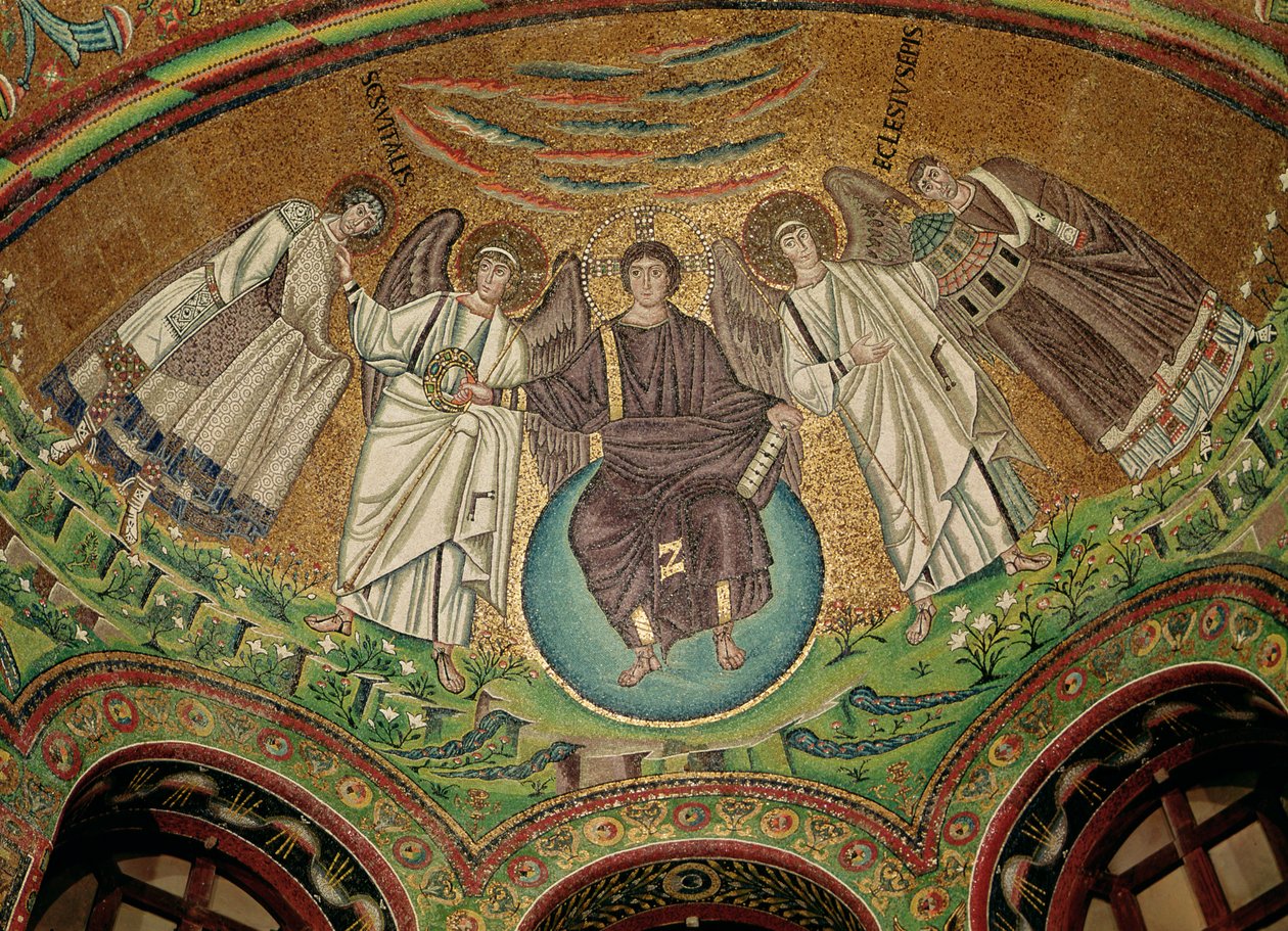 Kristus kahden enkelin, St. Vitalis ja piispa Ecclesius, ympäröimänä apsisista (mosaiikki) tekijältä Byzantine School