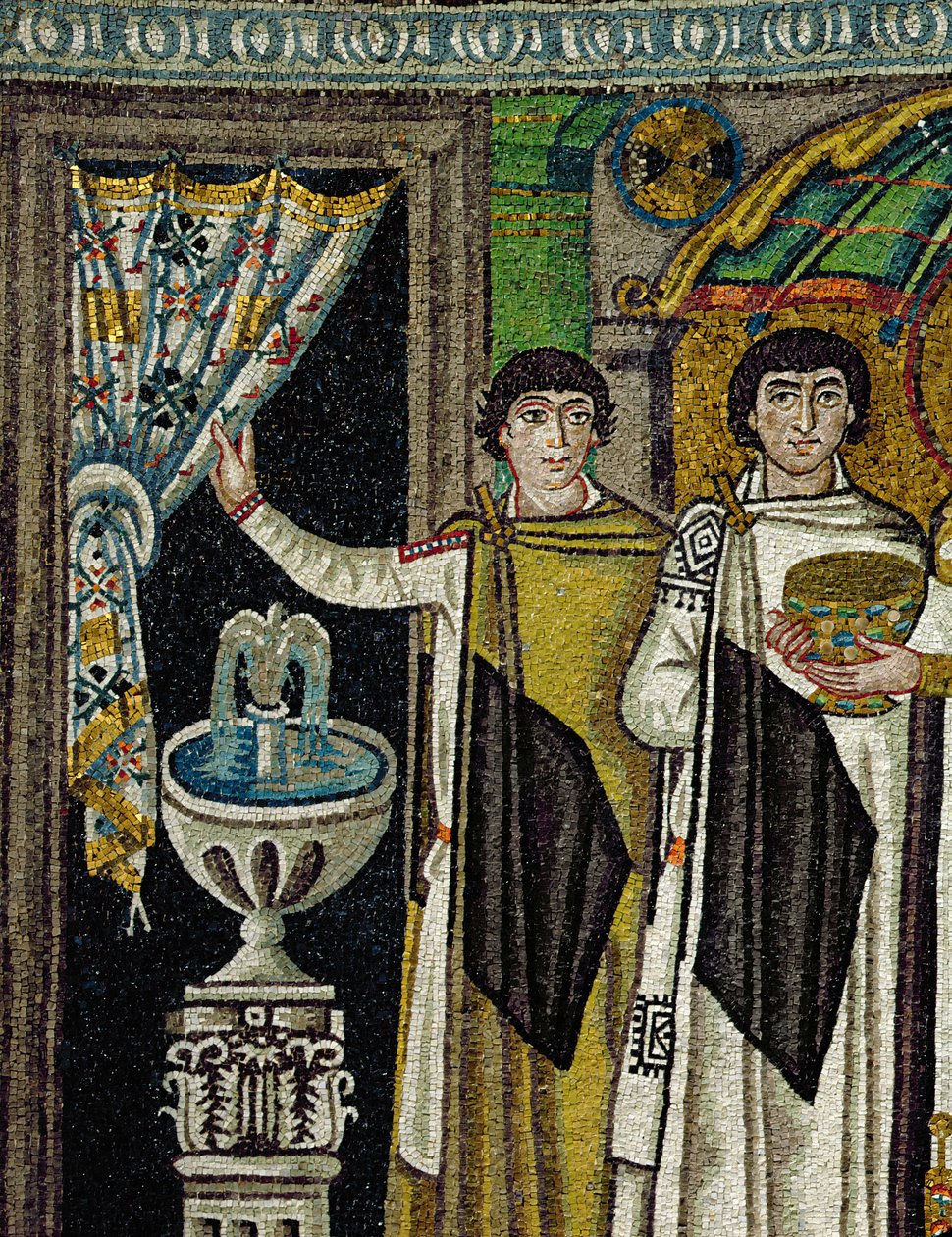 Hovimiehet suihkulähteen äärellä (mosaiikki) tekijältä Byzantine School