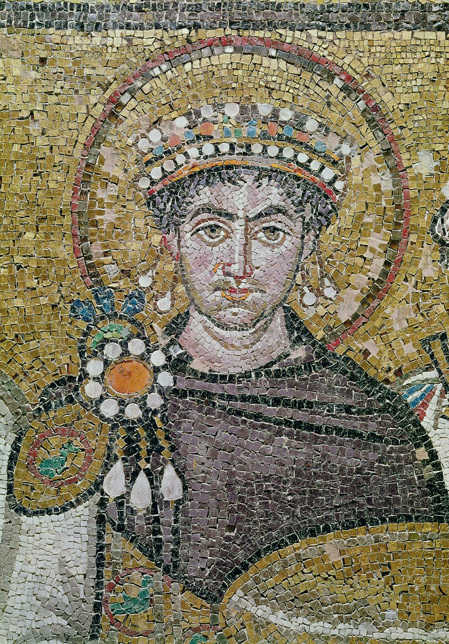 Keisari Justinianus I (483-565) n. 547 jKr (mosaiikki) (83451:n yksityiskohta) tekijältä Byzantine School