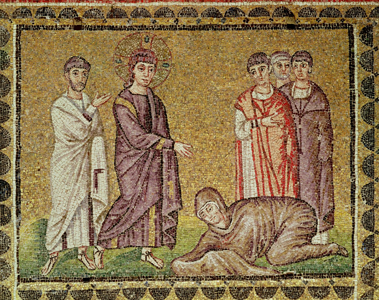 Jeesus parantaa verta vuotavan naisen, kohtauksia Kristuksen elämästä (mosaiikki) tekijältä Byzantine School