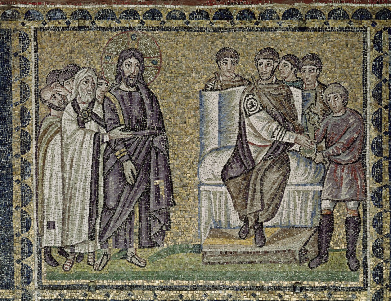 Jeesus Pontius Pilatuksen edessä (mosaiikki) tekijältä Byzantine School