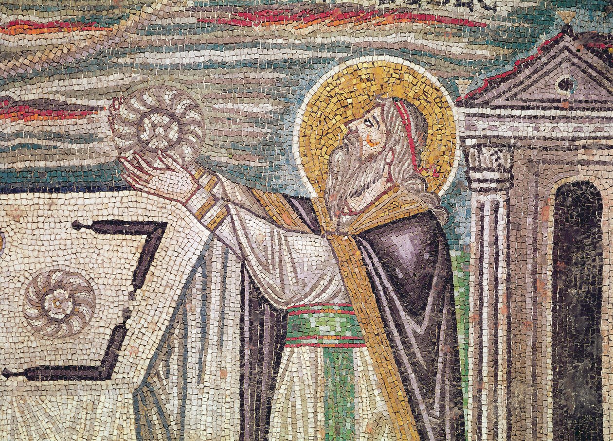 Melkisedek tarjoaa leipää alttarilla, yksityiskohta eteläseinän lunettesta, joka kuvaa Abelin ja Melkisedekin uhria (mosaiikki) tekijältä Byzantine School
