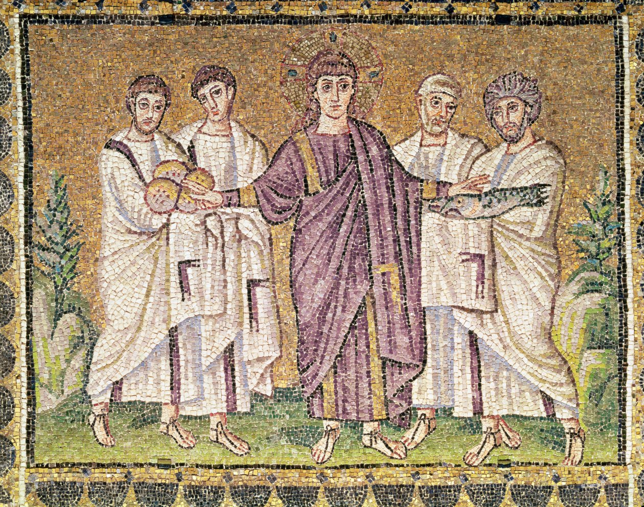 Leivän ja kalojen moninkertaistaminen, kohtauksia Kristuksen elämästä (mosaiikki) tekijältä Byzantine School